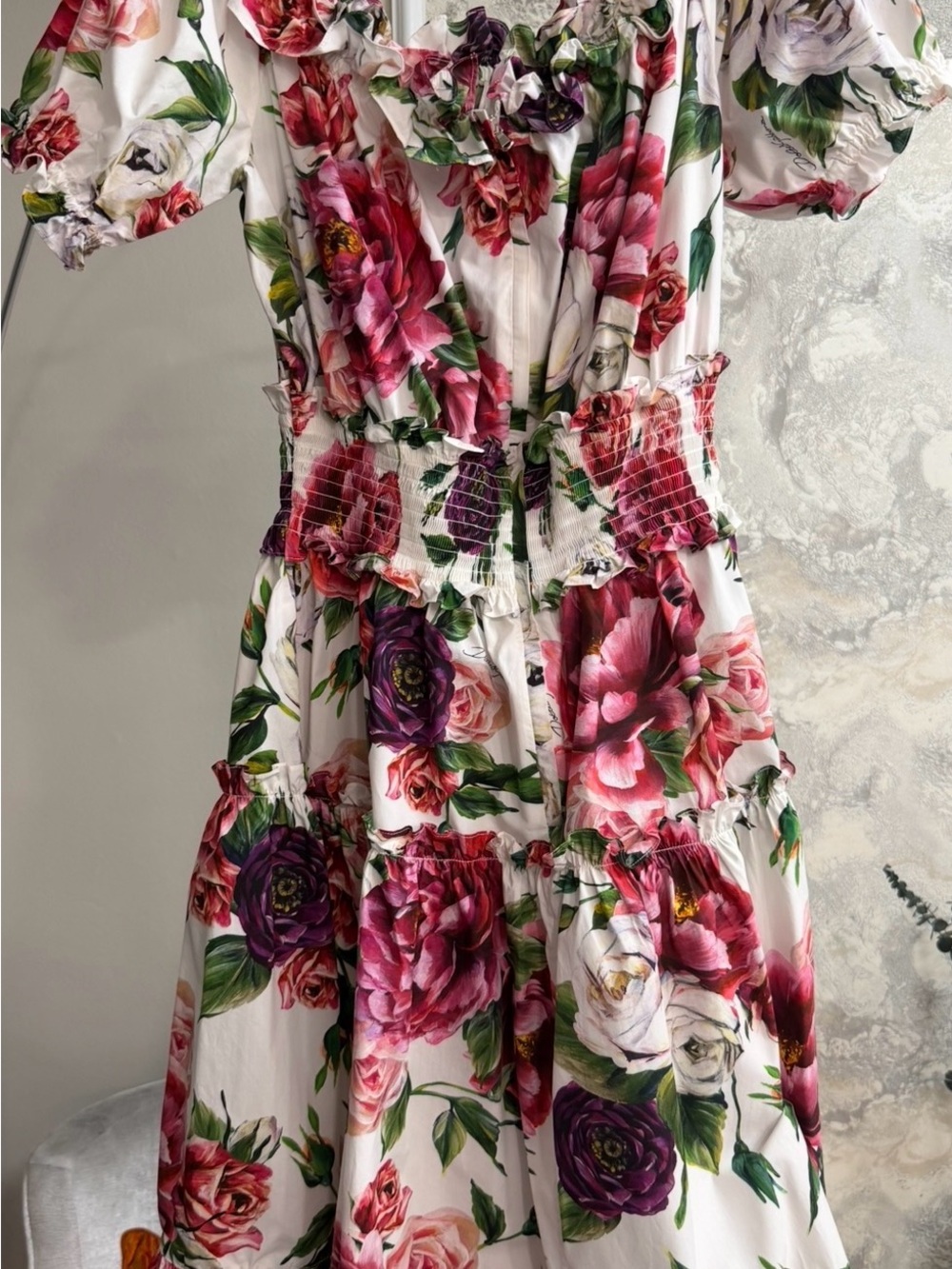 Floral Puff-Sleeve Girls' Dress in White and Pink - Picture 2 of 4